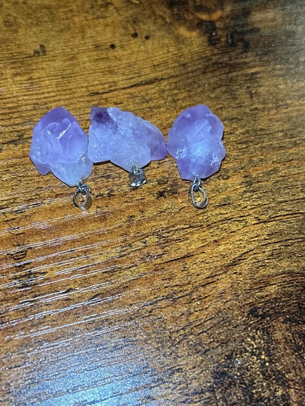 Amethyst crystal pendants, set of 3 raw stone pendants with silver-tone bails